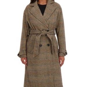 Sebby Collection Women’s Long Belted Double Breasted Faux Wool Coat -Brown